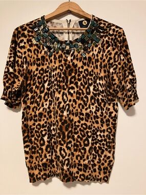 Adrienne Vittadini Vintage Leopard Print Jewel-Neck Top in Brown and Black
